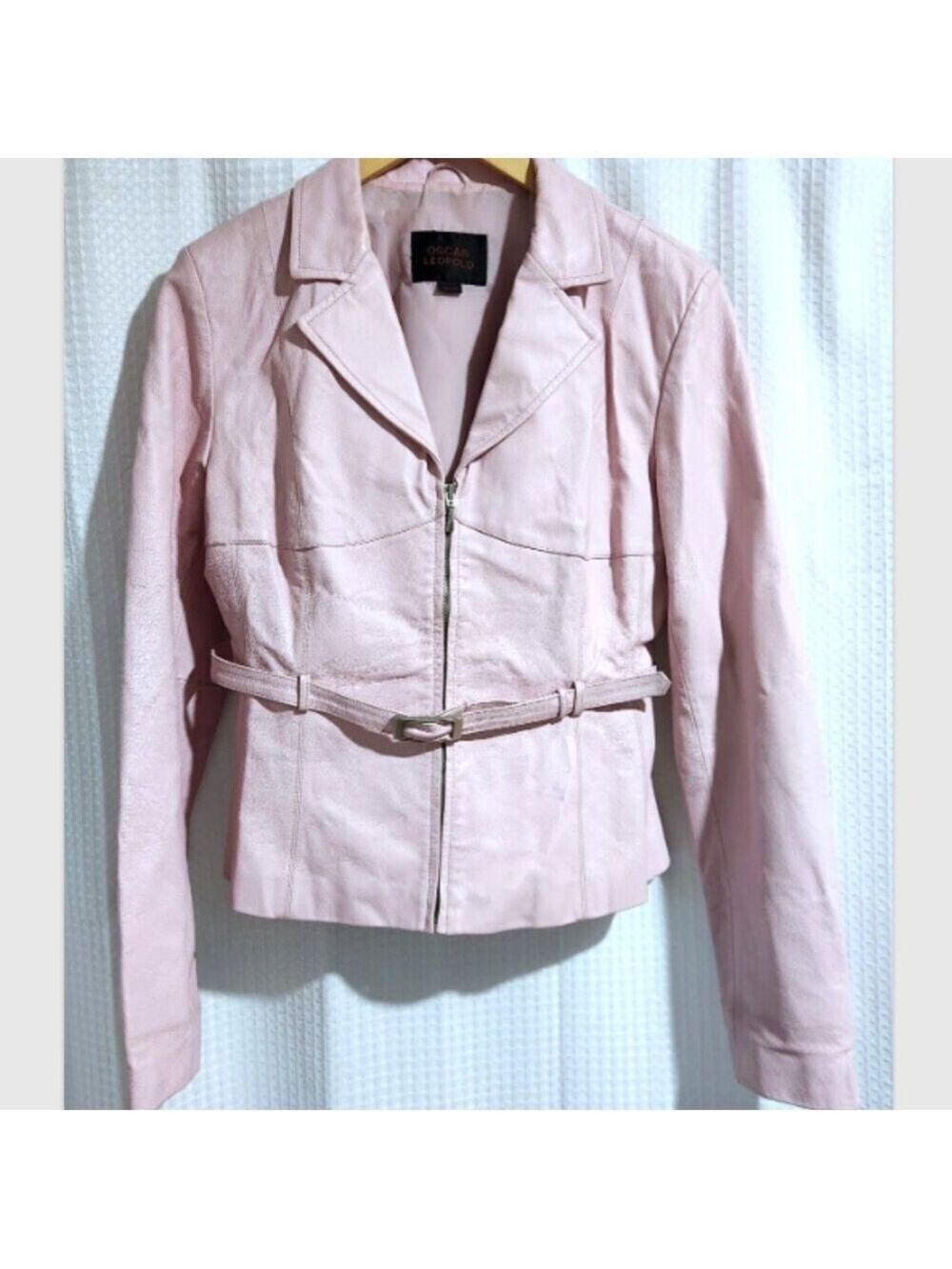 Oscar Leopold Pink Leather Jacket XXL Fits Like Large Belted Lined Short Moto